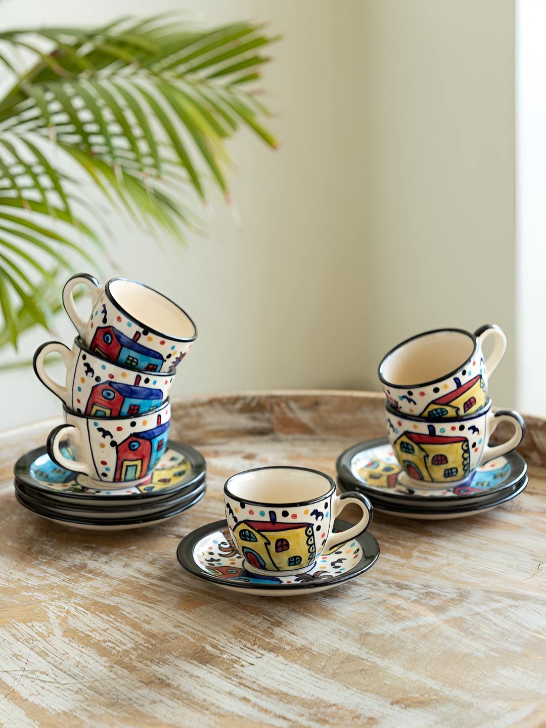 

ExclusiveLane 6 Pieces The Hut White Hand Painted Ceramic Tea Cups & Saucers 120ml
