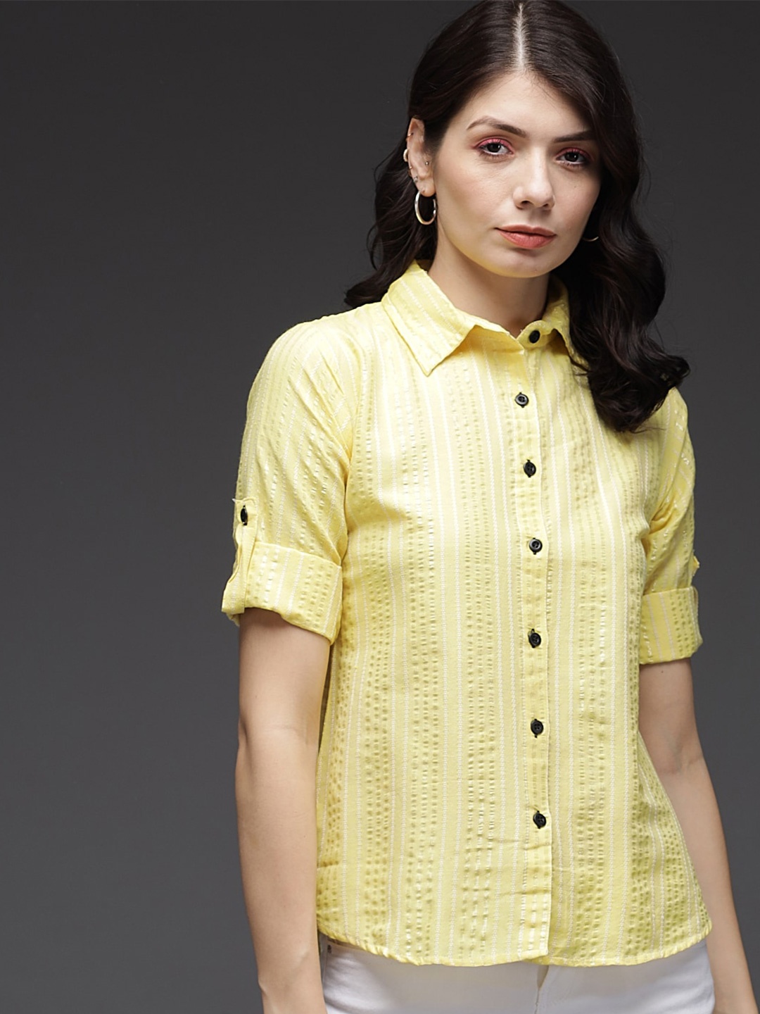 

TANDUL Custom Textured Roll-Up Sleeves Crepe Casual Shirt, Yellow