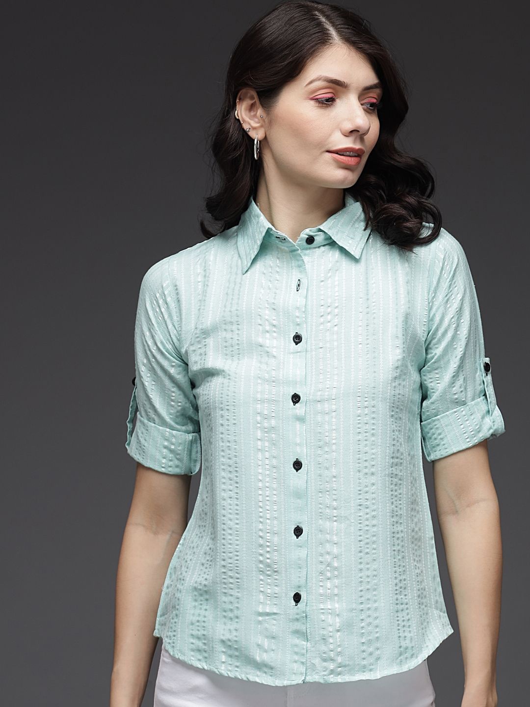 

TANDUL Custom Textured Roll-Up Sleeves Crepe Casual Shirt, Blue