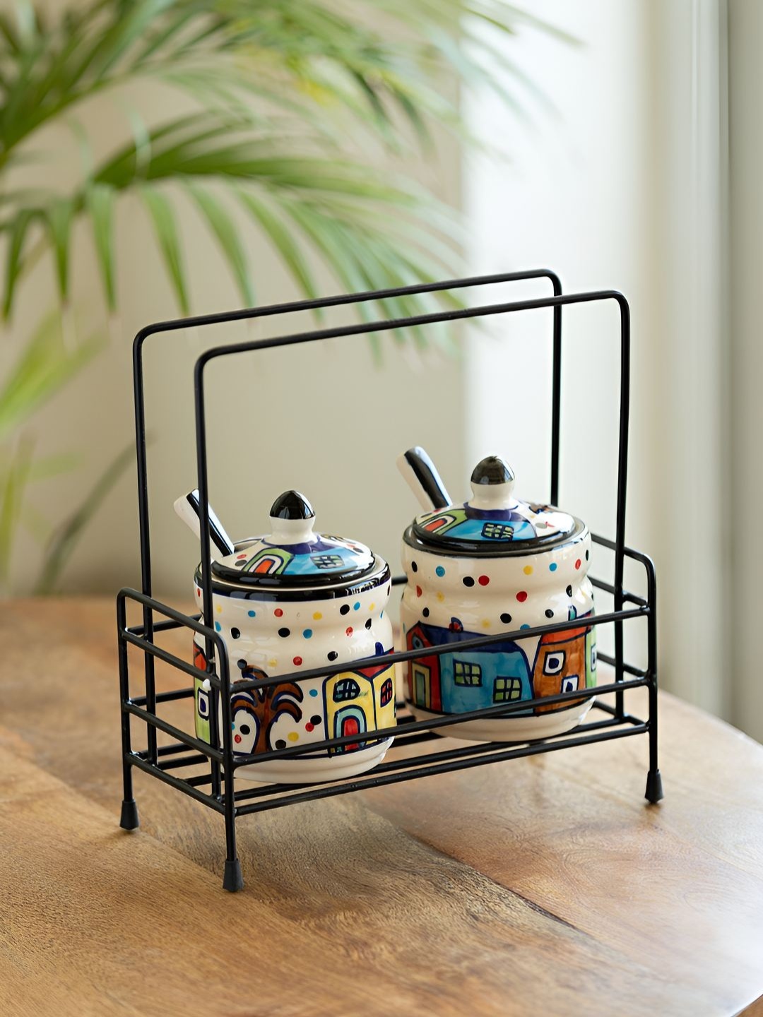 

ExclusiveLane Set Of 2 White & Blue Jar Set With Spoons & Iron Caddy-280 ml