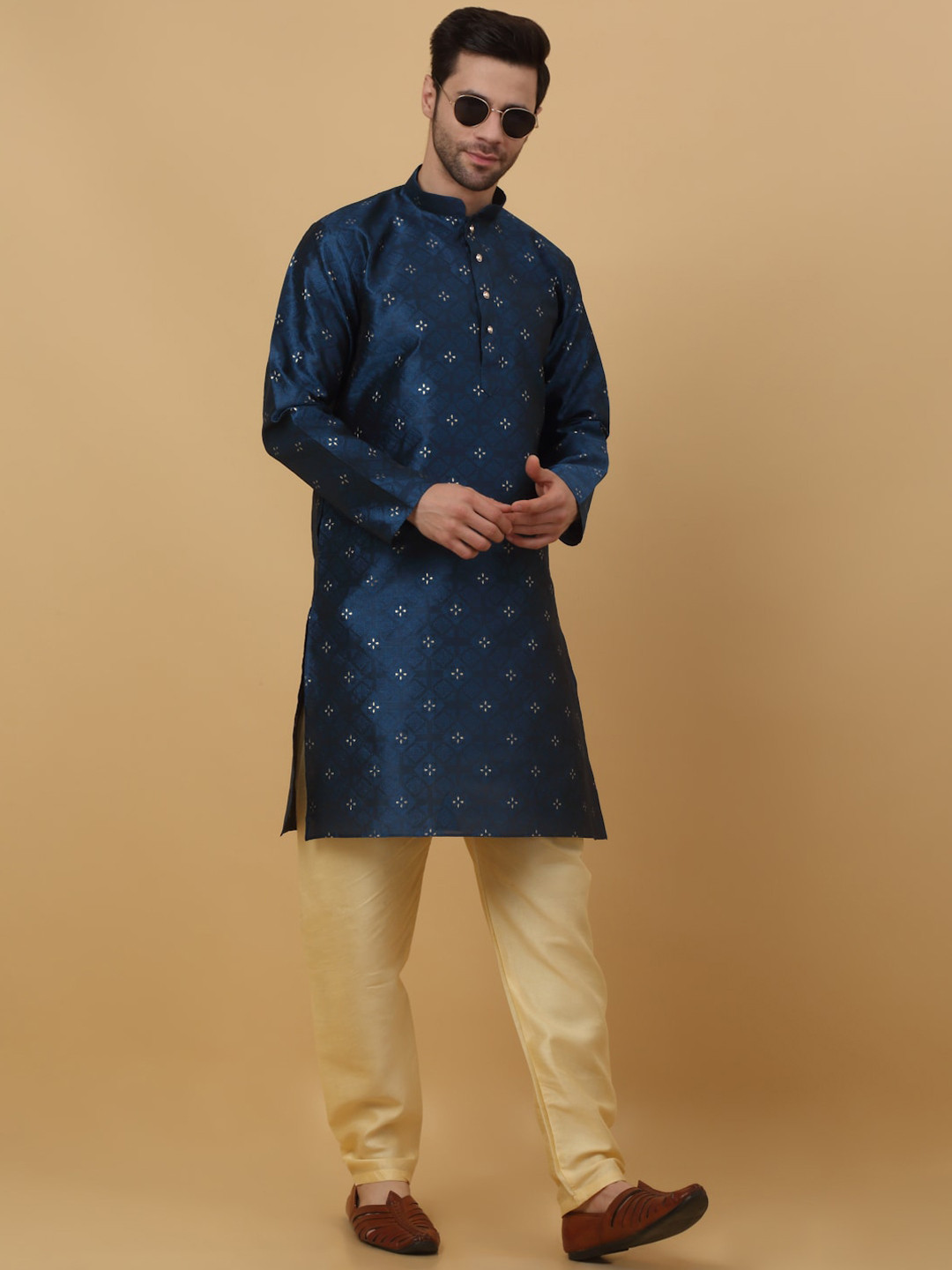 

KRAFT INDIA Ethnic Motifs Woven Design Zari Mandarin Collar Jacquard Straight Kurta, Blue
