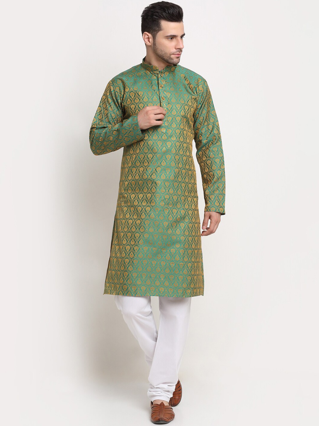 

KRAFT INDIA Geometric Woven Design Mandarin Collar Jacquard Straight Kurta, Green