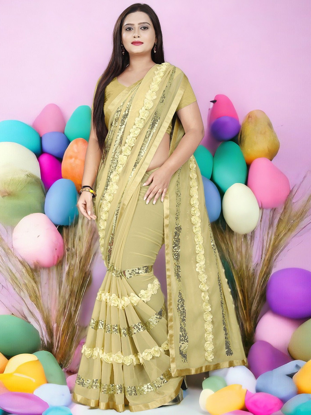 

CARTYSHOP Embellished Sequinned Pure Georgette Saree, Beige
