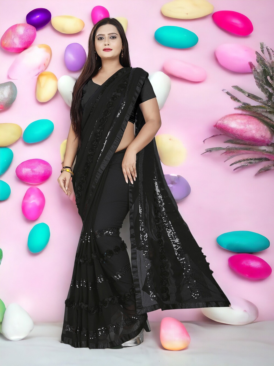 

CARTYSHOP Embellished Sequinned Pure Georgette Saree, Black