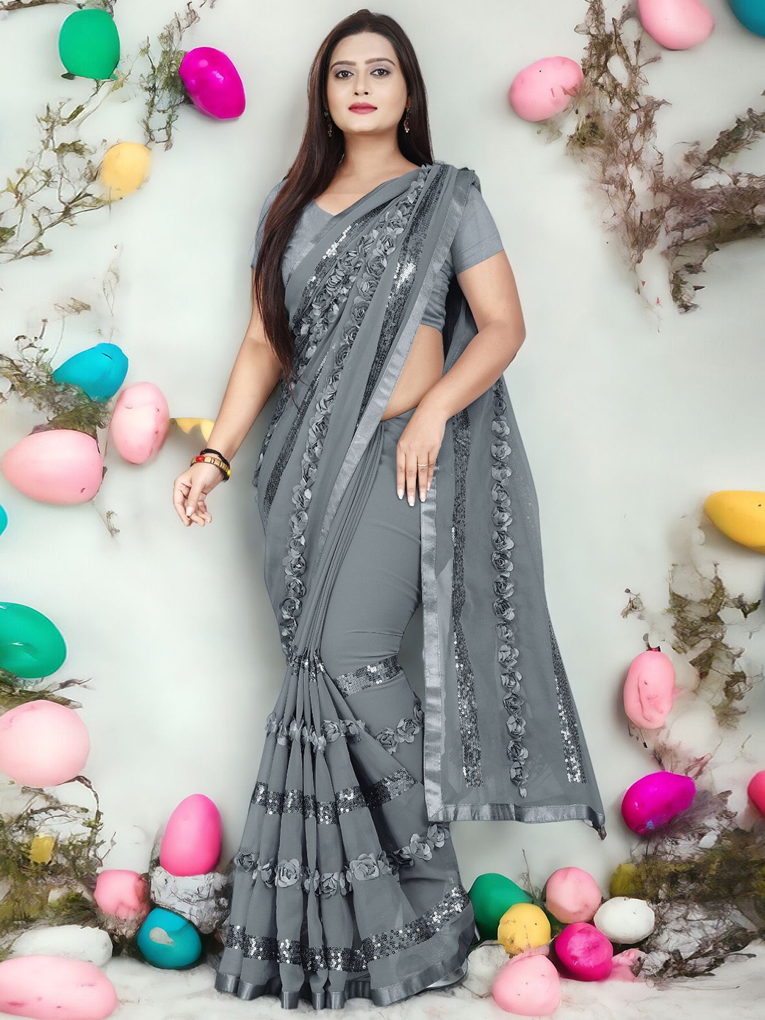 

CARTYSHOP Embellished Sequinned Pure Georgette Heavy Work Saree, Grey