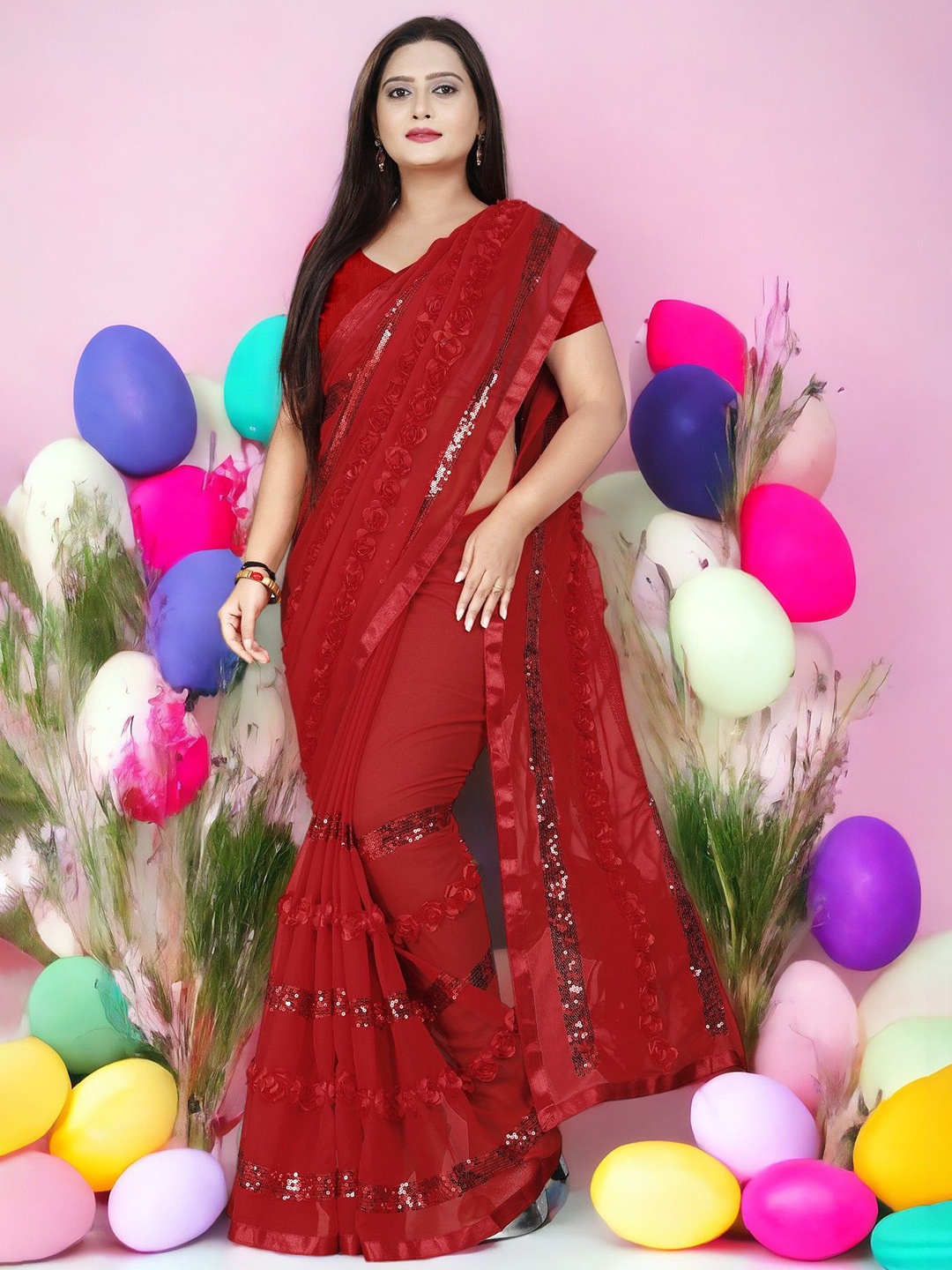 

CARTYSHOP Women Embellished Sequinned Pure Georgette Party Saree, Red