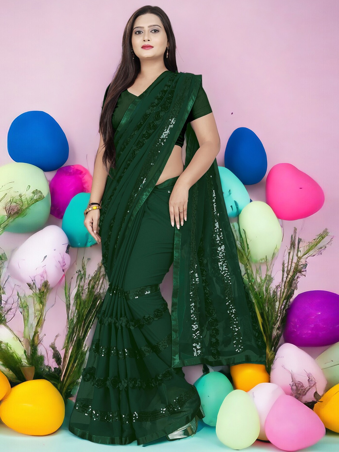 

CARTYSHOP Embellished Sequinned Pure Georgette Saree, Green