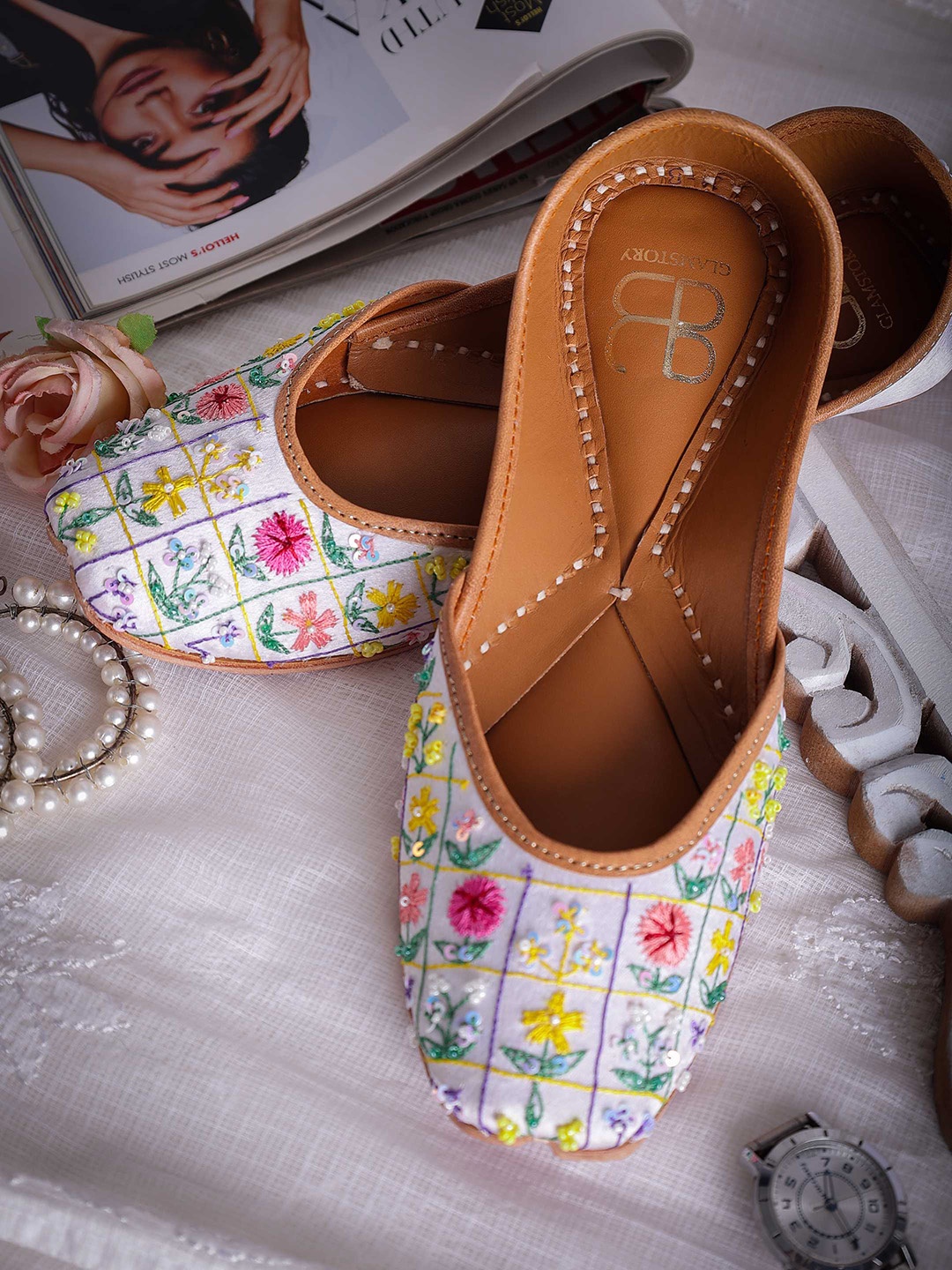 

GLAM STORY Women Leather Mojaris with Ethnic - Embellished, White