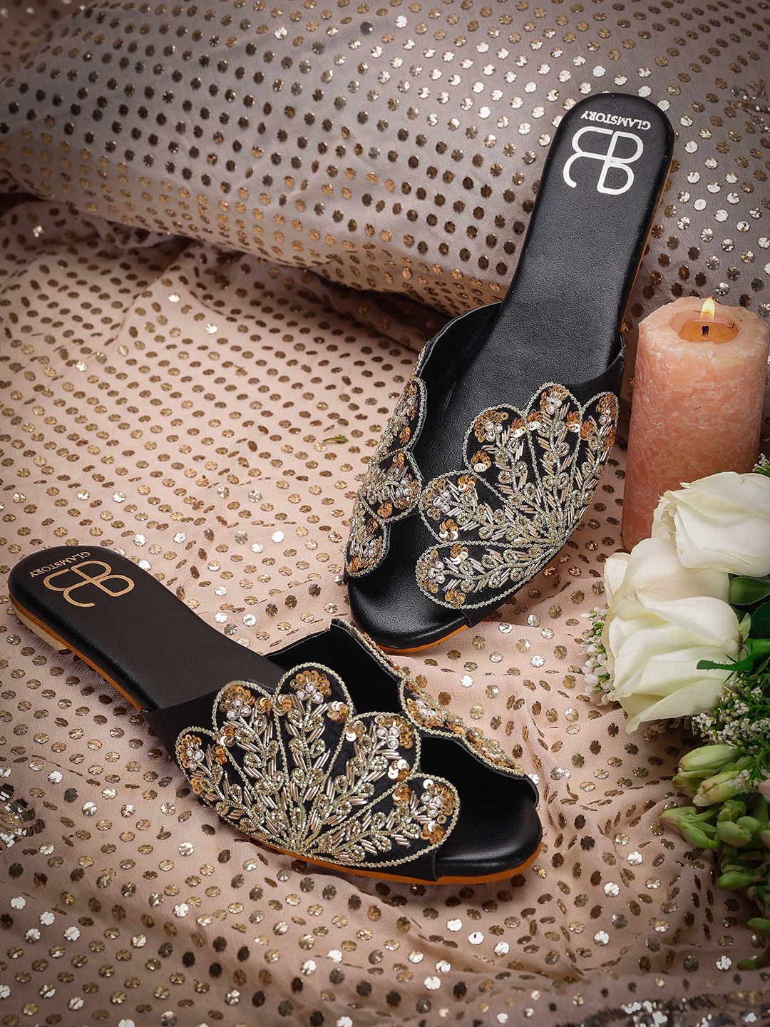 

GLAM STORY Women Embroidered Party Open Toe Flats, Black