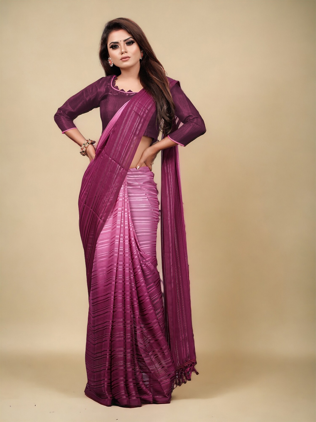 

CARTYSHOP Ombre Beads and Stones Pure Georgette Saree With Blouse Piece, Magenta