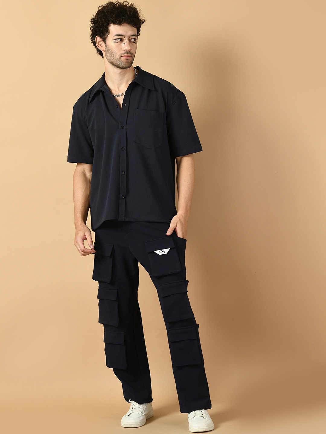 

OFFMINT Shirt-Collar Shirt With Trouser Co-Ords, Navy blue