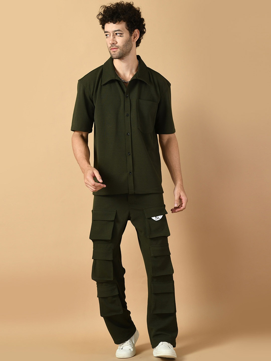 

OFFMINT Men Shirt With Trousers Co-Ords, Olive