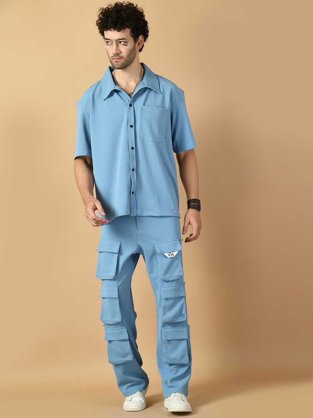 

OFFMINT Men Shirt With Trousers Co-Ords, Turquoise blue