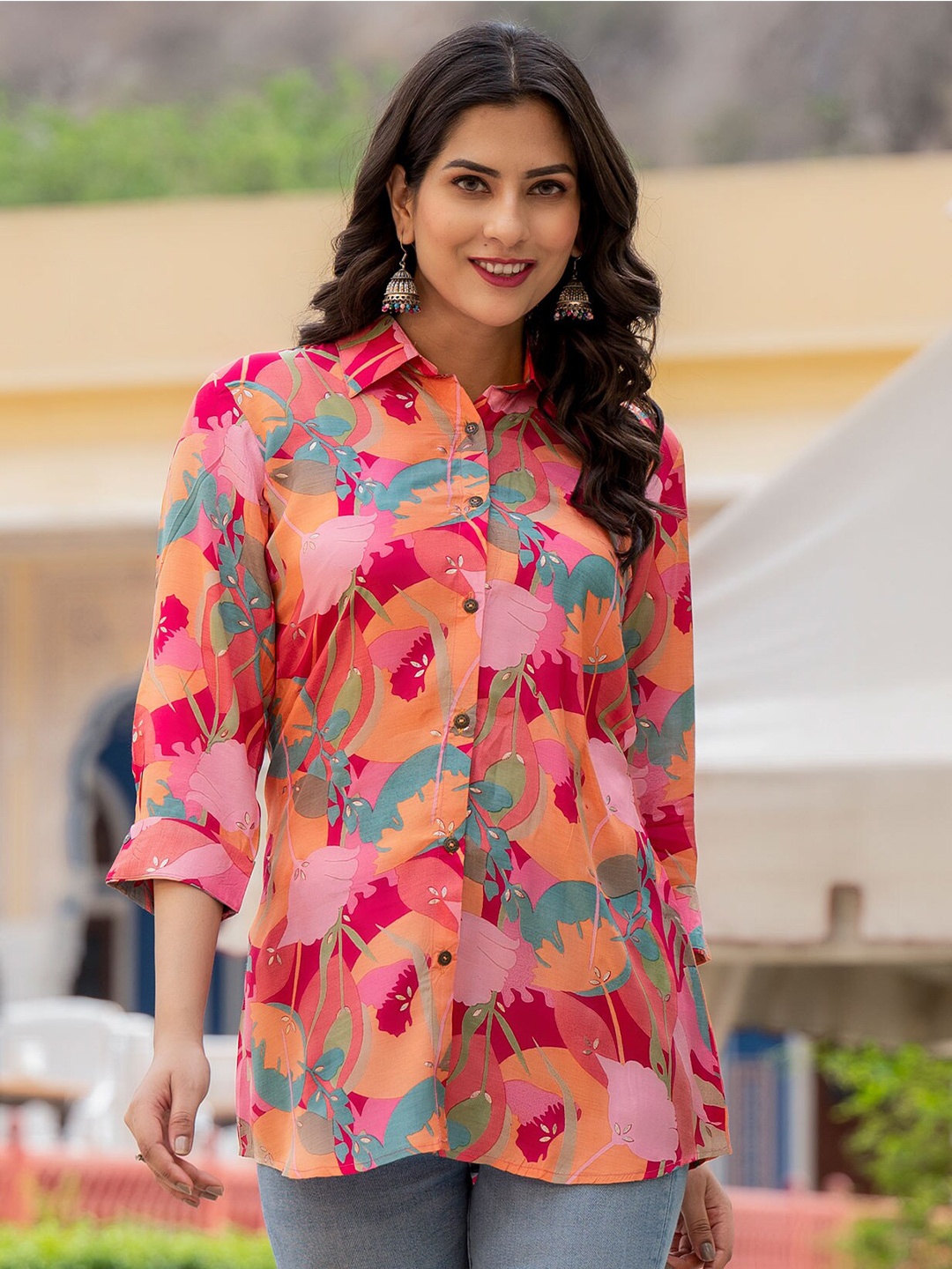 

Peachmode Floral Printed Shirt Style Top, Peach