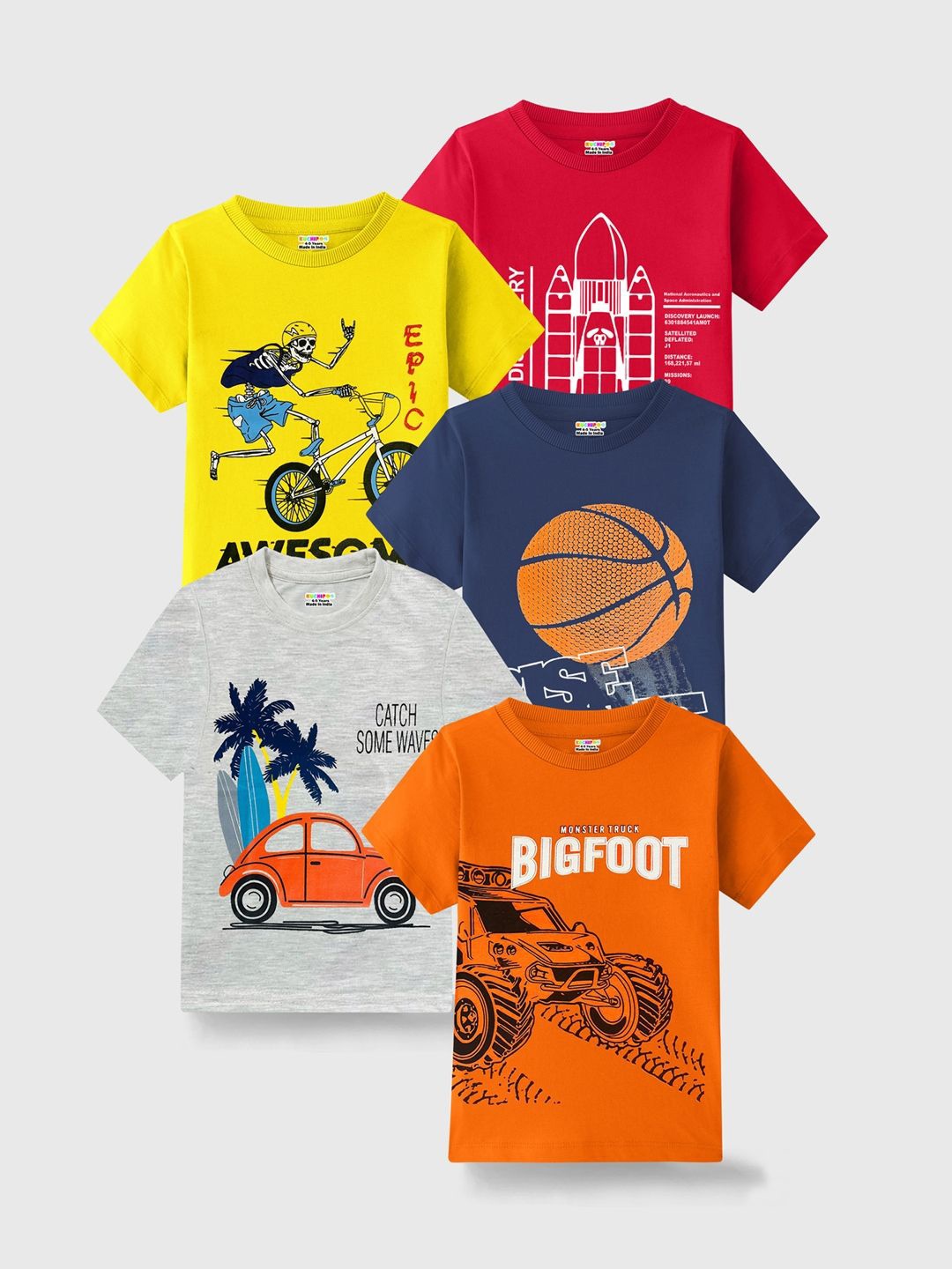 

KUCHIPOO Boys Pack Of 5 Printed T-shirt, Orange