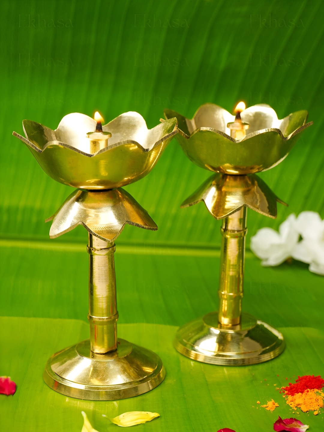 

Ekhasa Gold toned 2 Pieces Brass Tall Stand Pooja Diyas