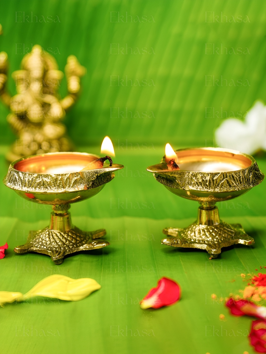 

Ekhasa Gold Toned 2 Pieces Textured Brass Trotroise Diya Holders