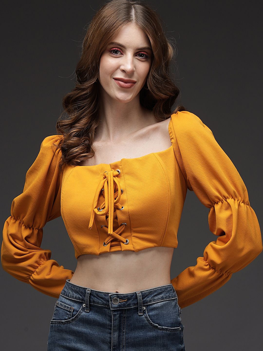 

TANDUL Tie-Up Puff Sleeve Crop Top, Yellow