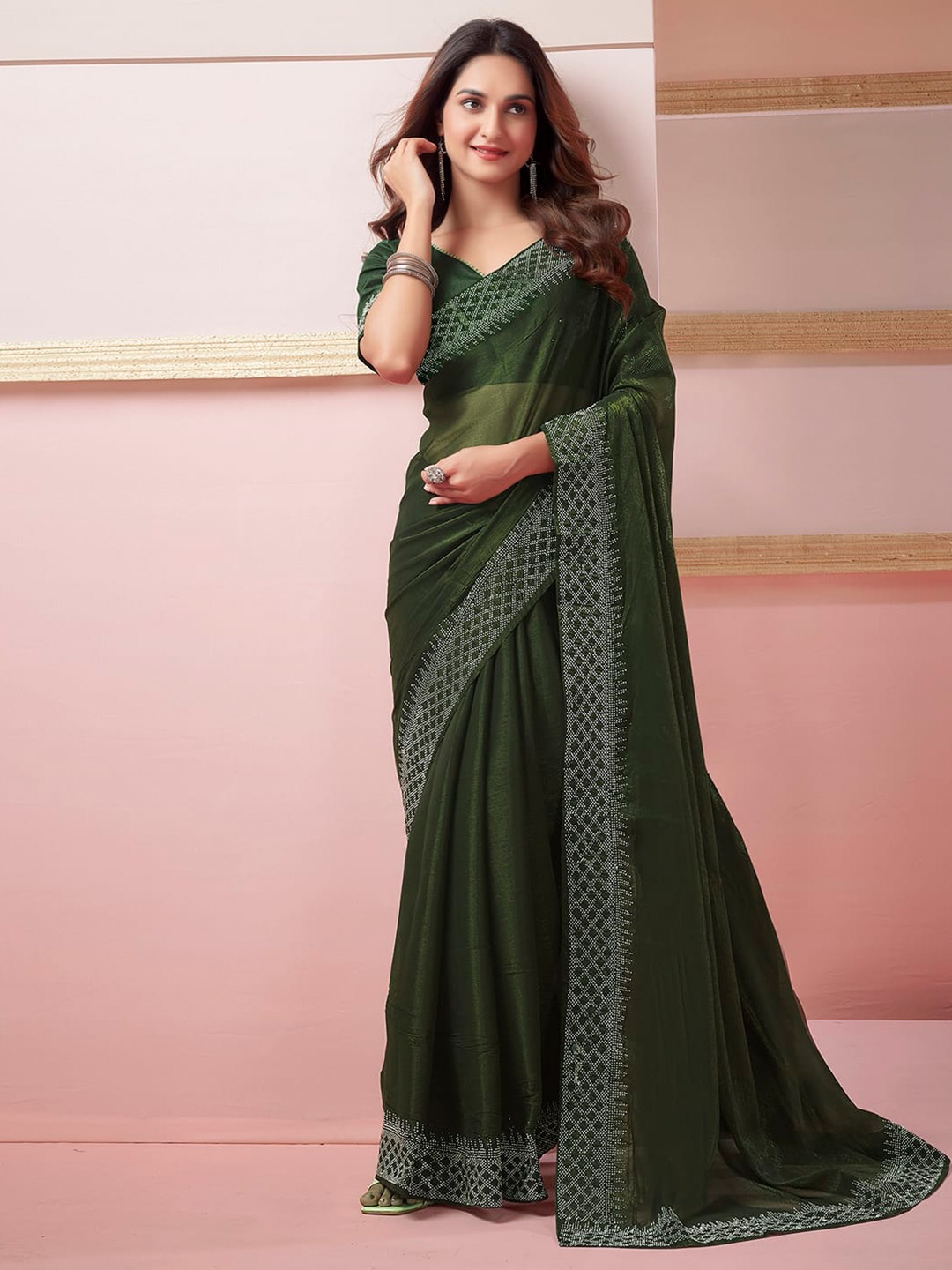 

Mitera Beads and Stones Pure Chiffon Saree, Green