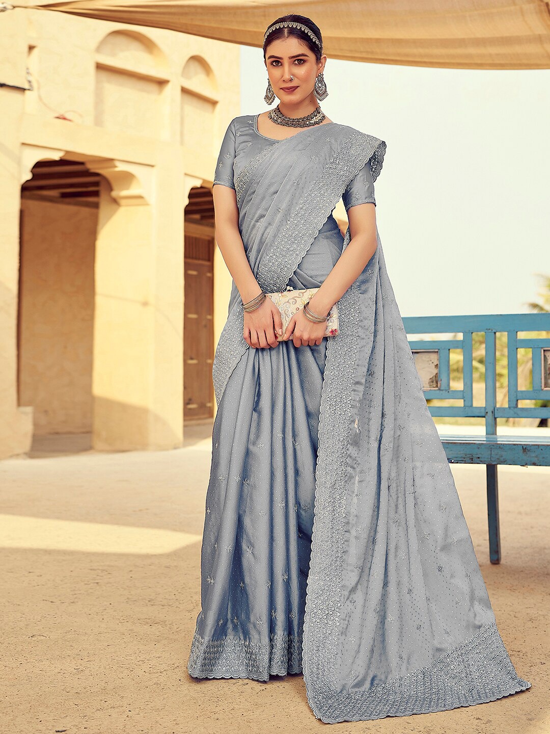 

Mitera Floral Beads and Stones Pure Georgette Saree, Grey