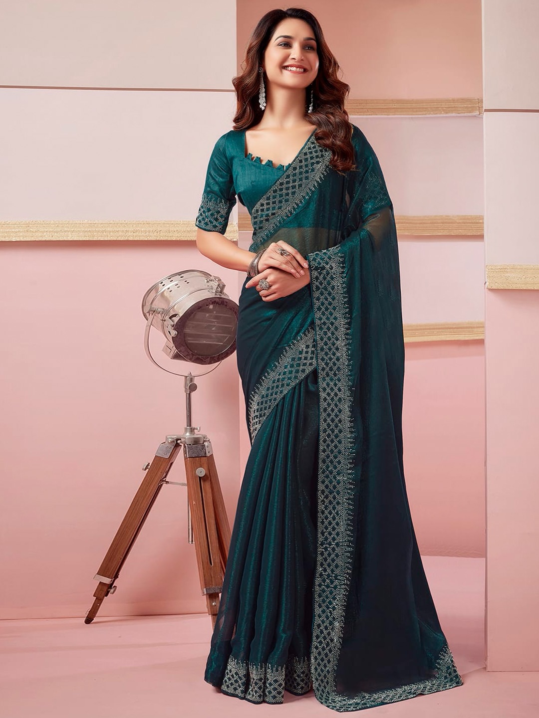

Mitera Beads and Stones Pure Chiffon Saree, Teal