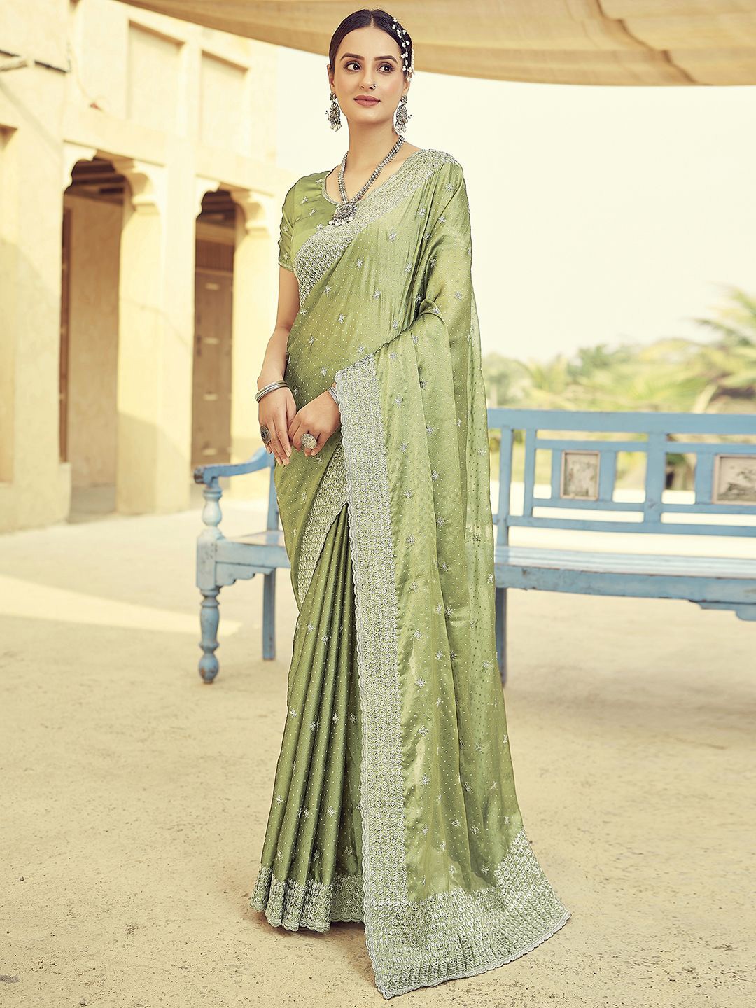 

Mitera Ethnic Motifs Zari Pure Georgette Saree, Olive