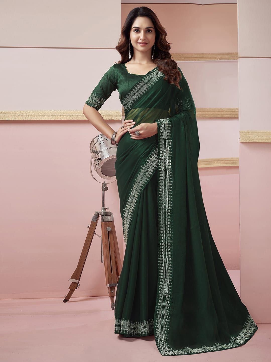 

Mitera Beads and Stones Pure Chiffon Saree, Green