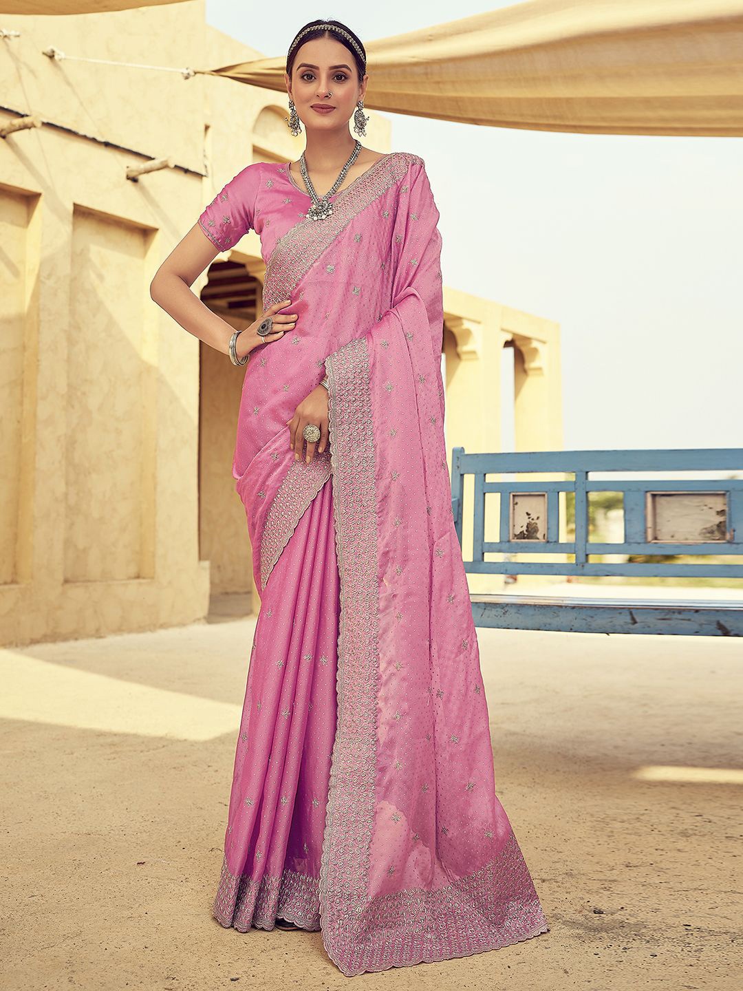 

Mitera Ethnic Motifs Zari Pure Georgette Saree, Pink