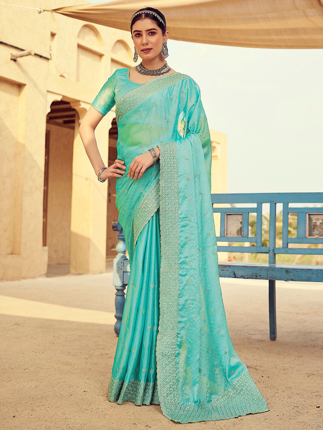 

Mitera Ethnic Motifs Beads and Stones Pure Georgette Saree, Turquoise blue