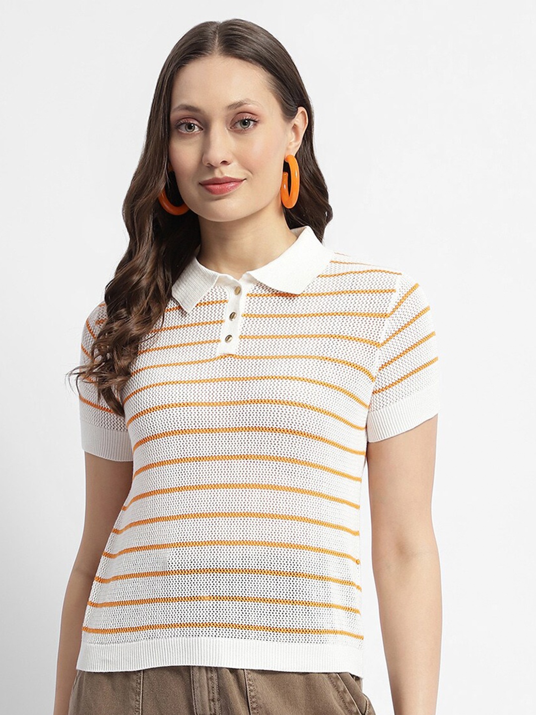 

Madame Striped Cotton Crochet Shirt Collar Top, White