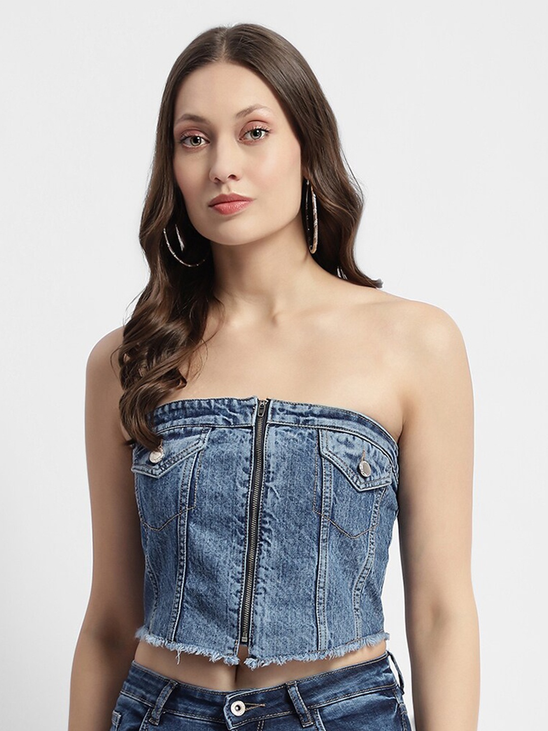 

Madame Solid Tube Cotton Crop Top, Blue