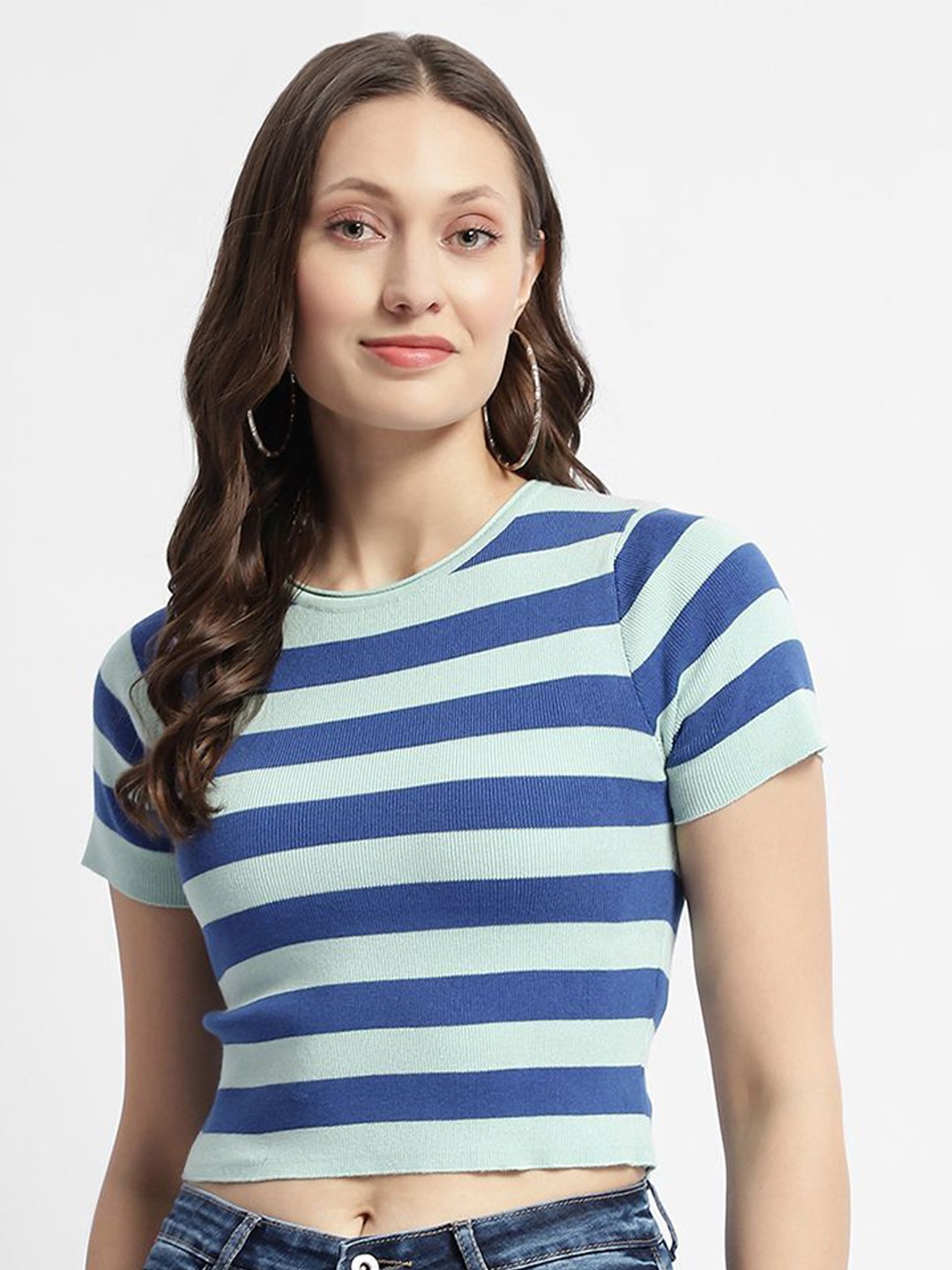 

Madame Striped Round Neck Crop Top, Navy blue