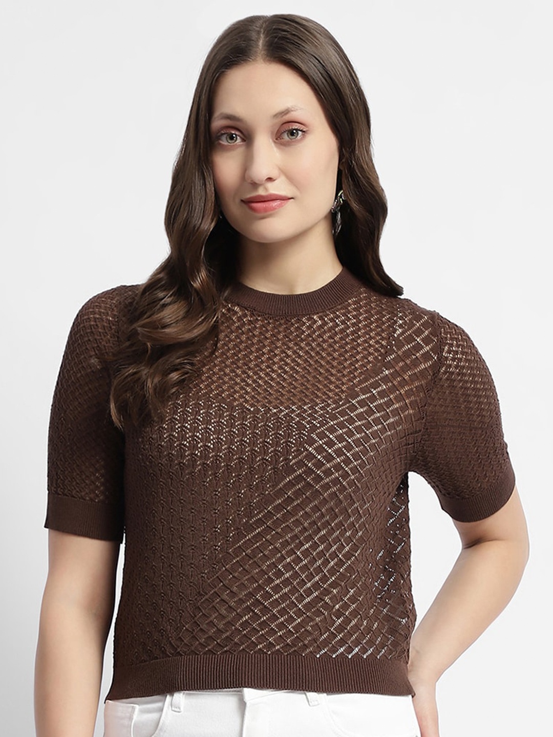 

Madame Self Design Round Neck Top, Coffee brown