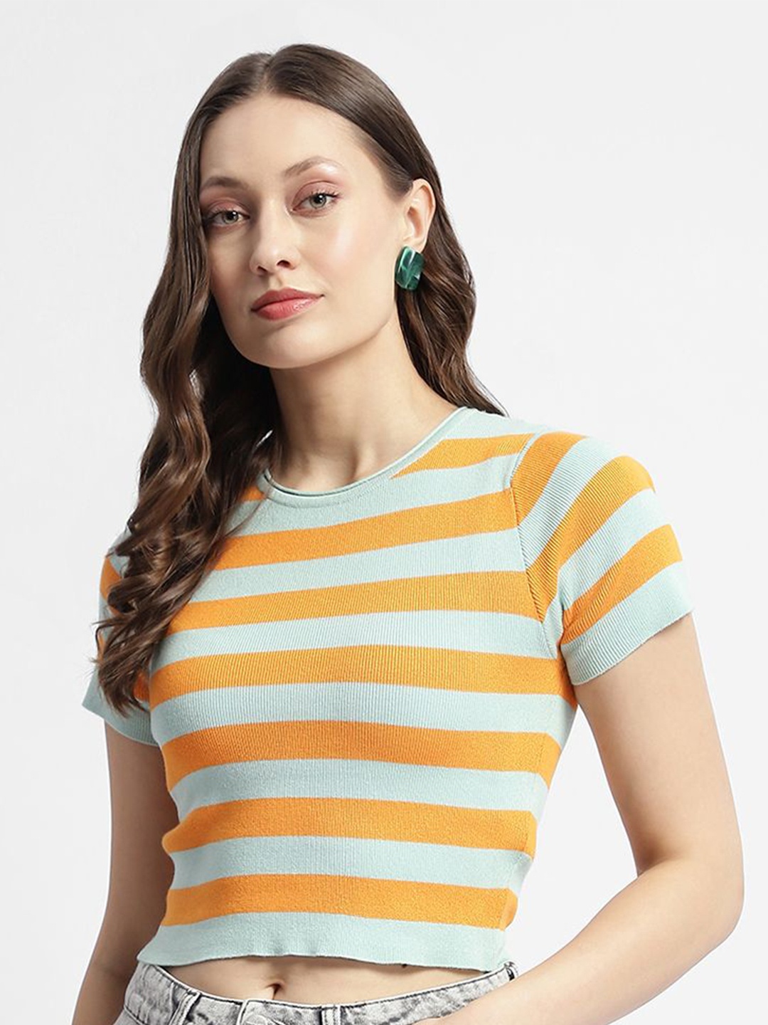 

Madame Striped Round Neck Crop Top, Orange