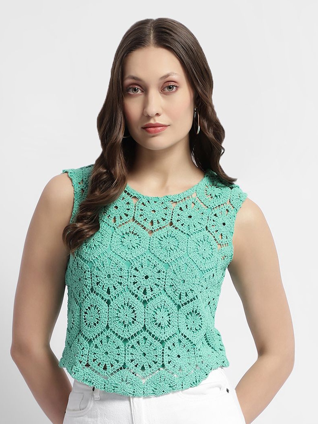 

Madame Women Self Design Round Neck Cotton Top, Green