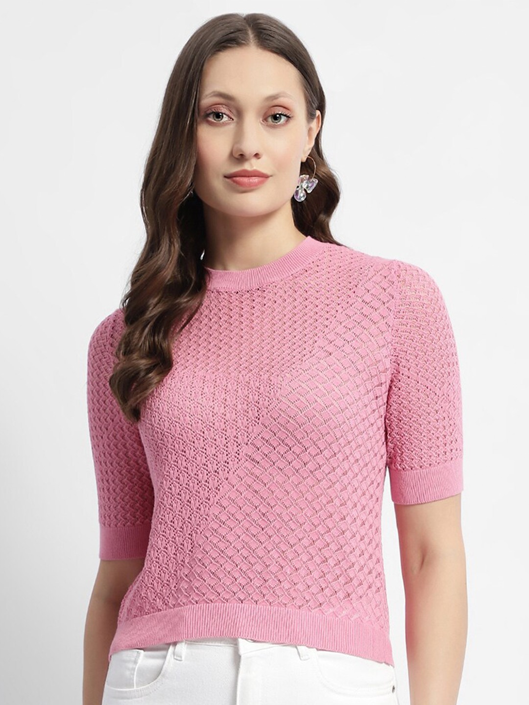 

Madame Self Design Round Neck Top, Pink