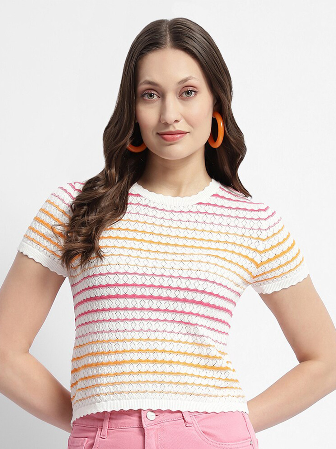 

Madame Striped Short Sleeves Round Neck Top, Off white