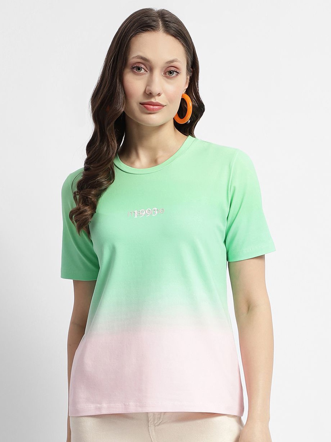 

Madame Women Ombre Round Neck Cotton Top, Green