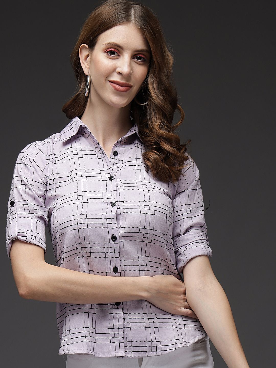 

TANDUL Comfort Geometric Printed Roll-Up Sleeves Cotton Casual Shirt, Grey