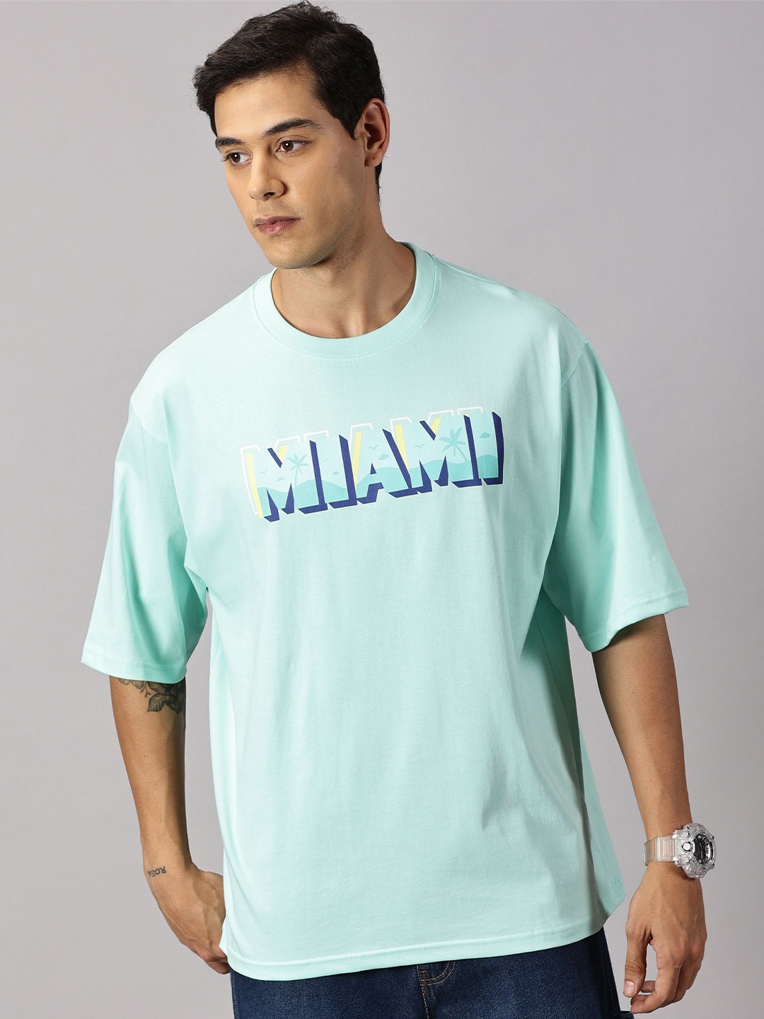 

THE HOLLANDER Men Cotton Oversized Drop-Shoulder Printed T-Shirt, Sea green