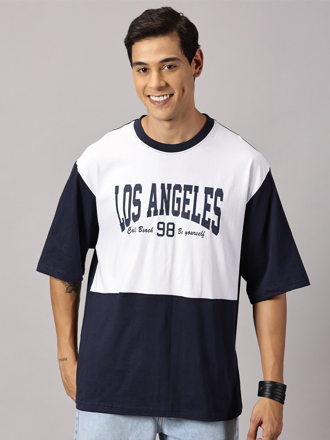 

THE HOLLANDER Men Cotton Oversized Drop Shoulder Printed T-Shirt, White