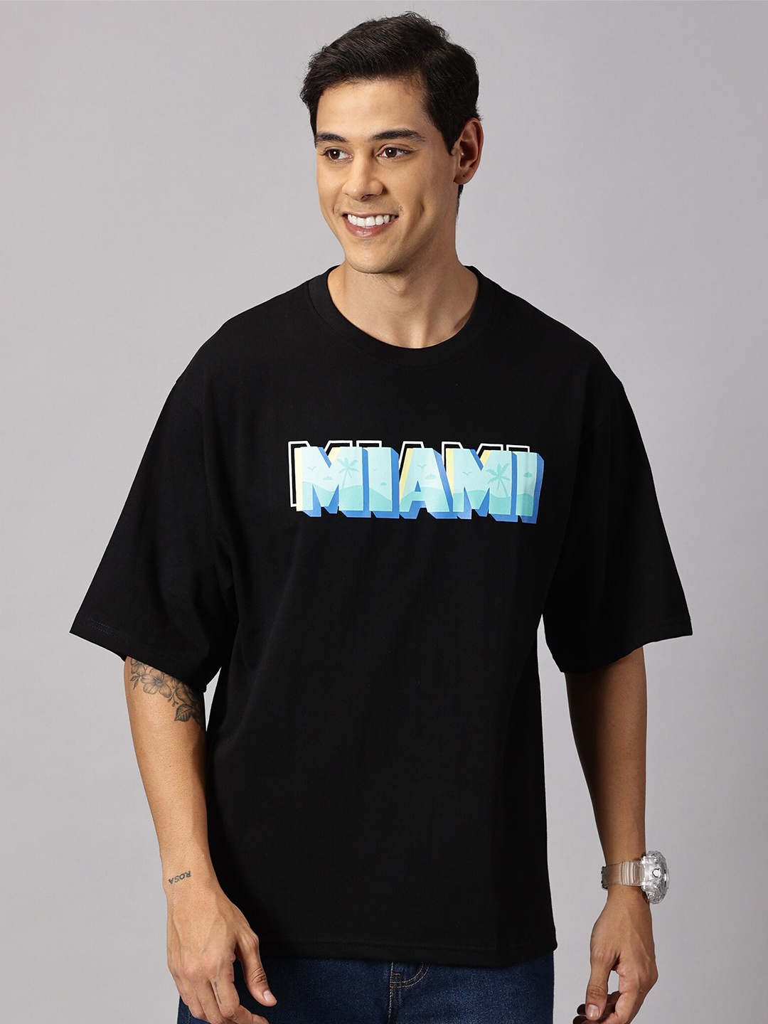 THE HOLLANDER Men Cotton Oversized Drop-Shoulder Printed T-Shirt, Black
