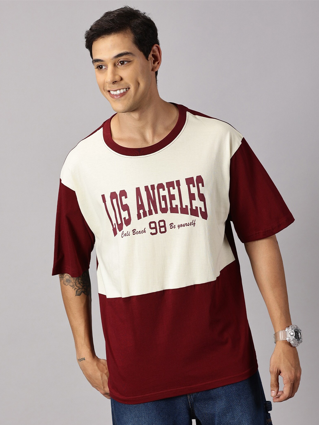 THE HOLLANDER Men Cotton Oversized Drop Shoulder Printed T-Shirt, Beige
