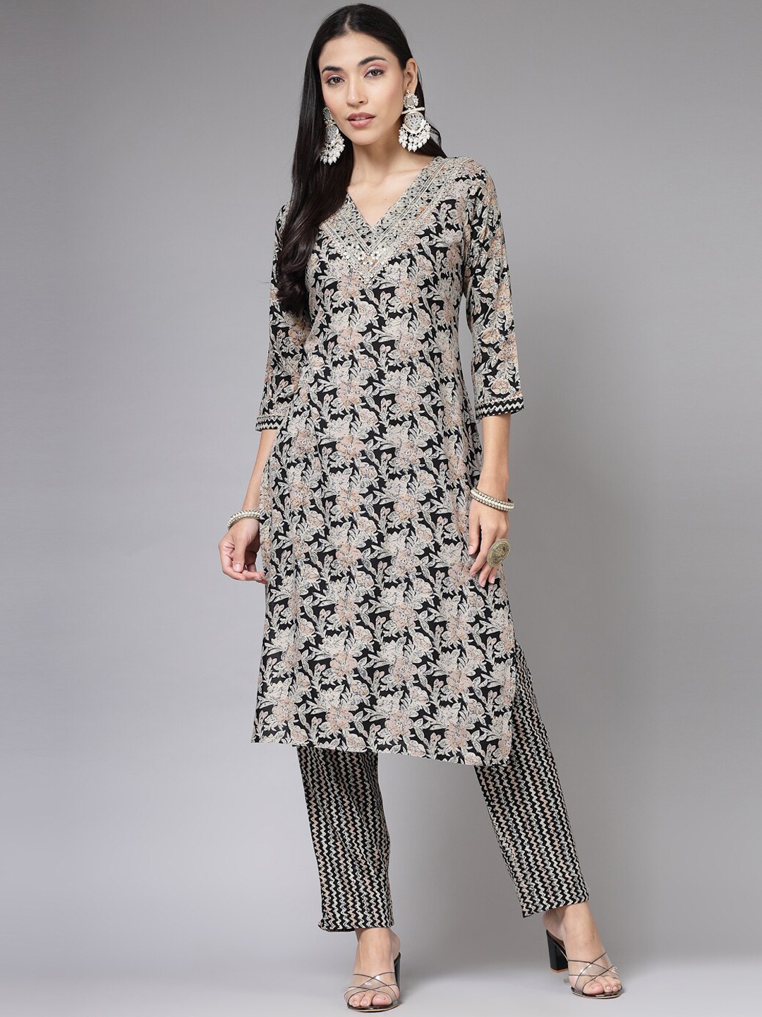 

KALINI Floral Printed Regular Thread Work Straight Kurta With Trouser, Black