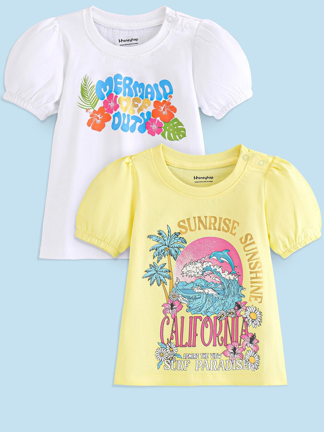 

Honeyhap Girls Pack Of Printed Bio Finish T-shirt, Yellow