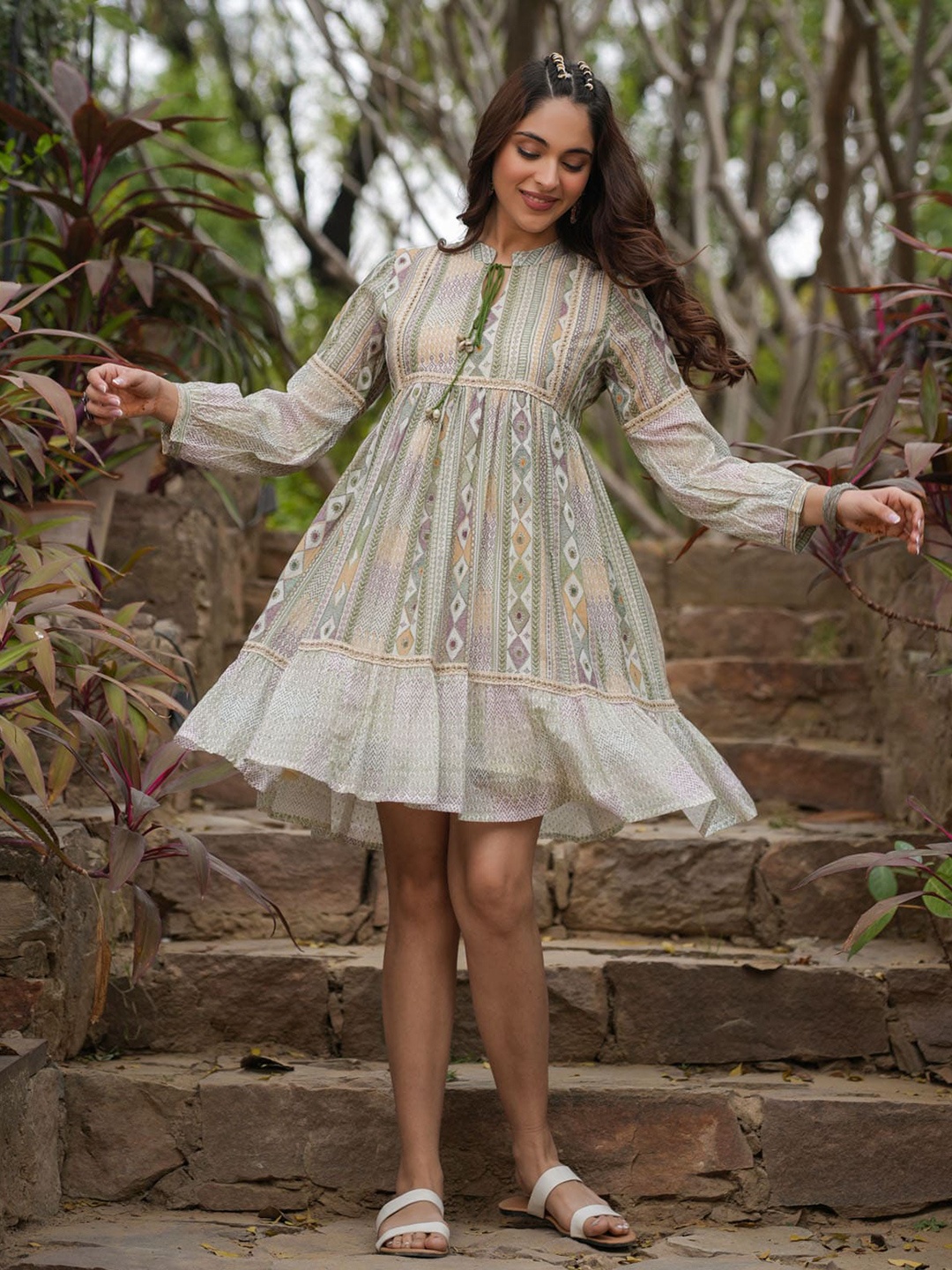 

FASHION DWAR Women Puff Sleeves A-Line Dress, Green