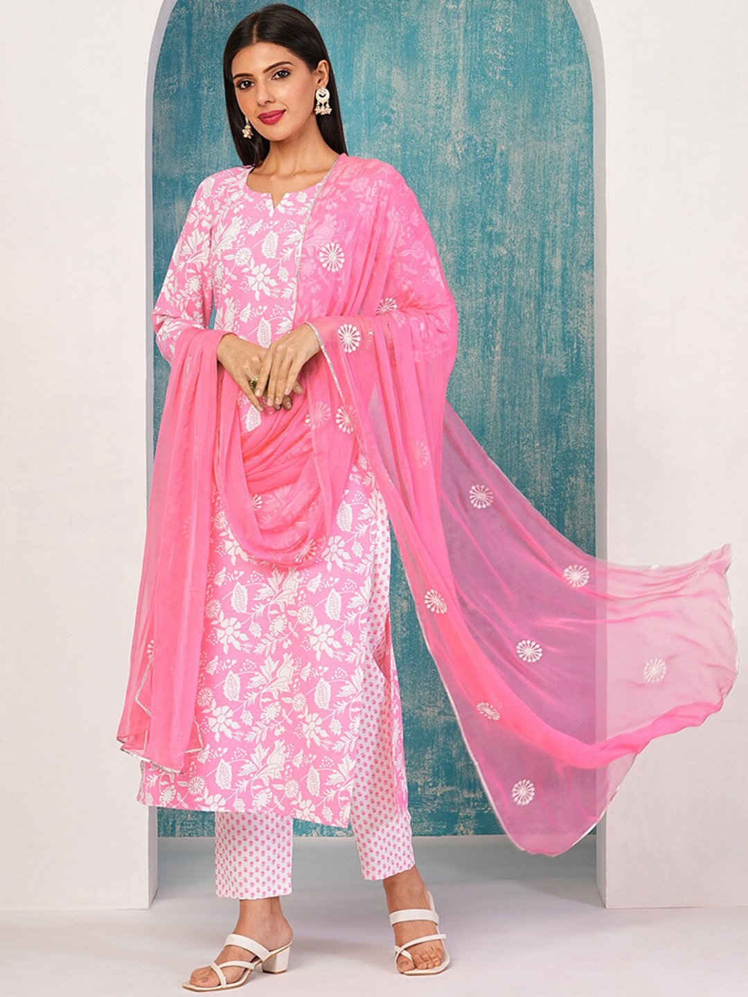 

KALINI Floral Printed Regular Kurta with Trouser & Dupatta, Pink