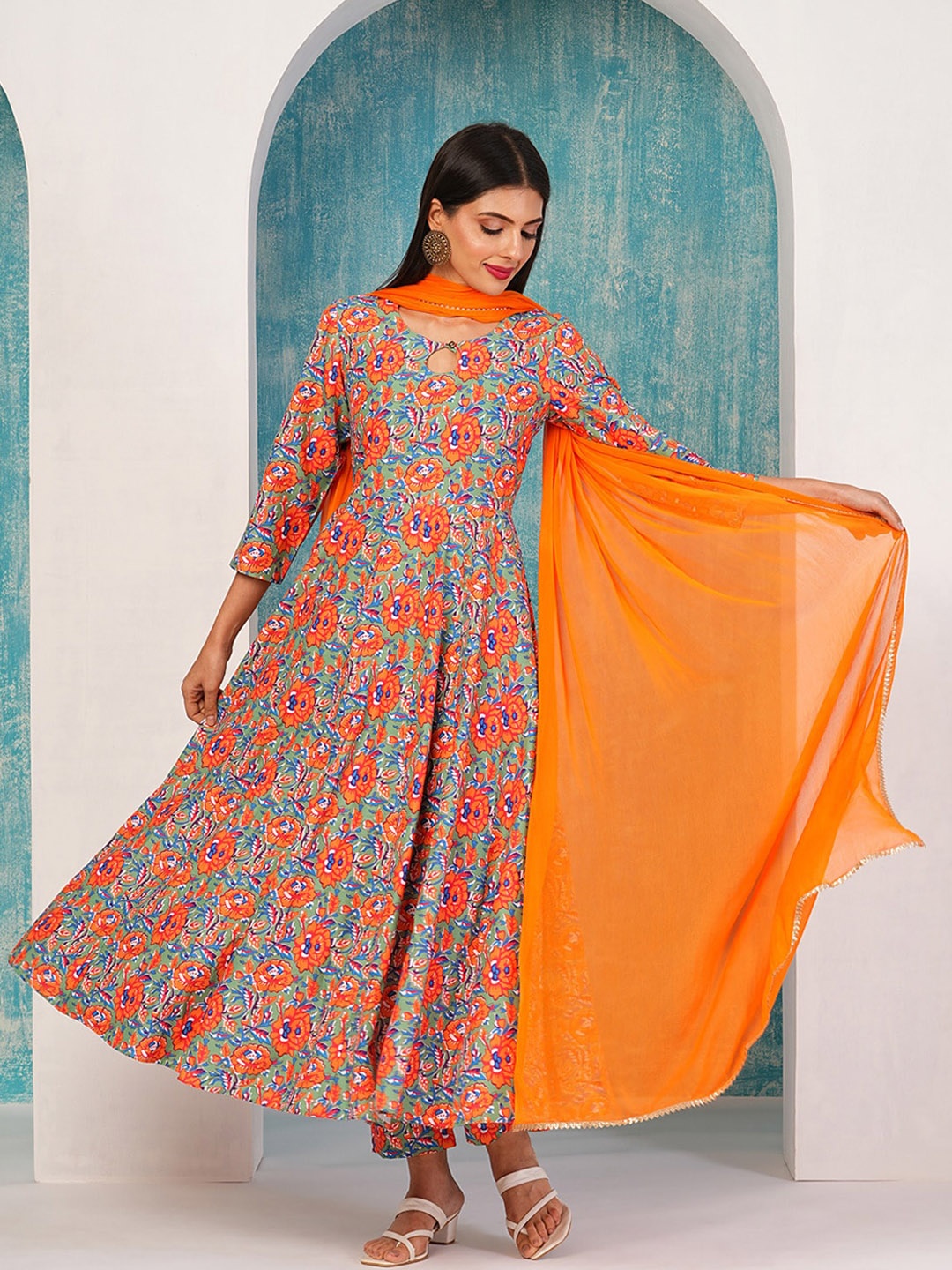 

KALINI Floral Printed Regular Kurta with Trouser & Dupatta, Orange