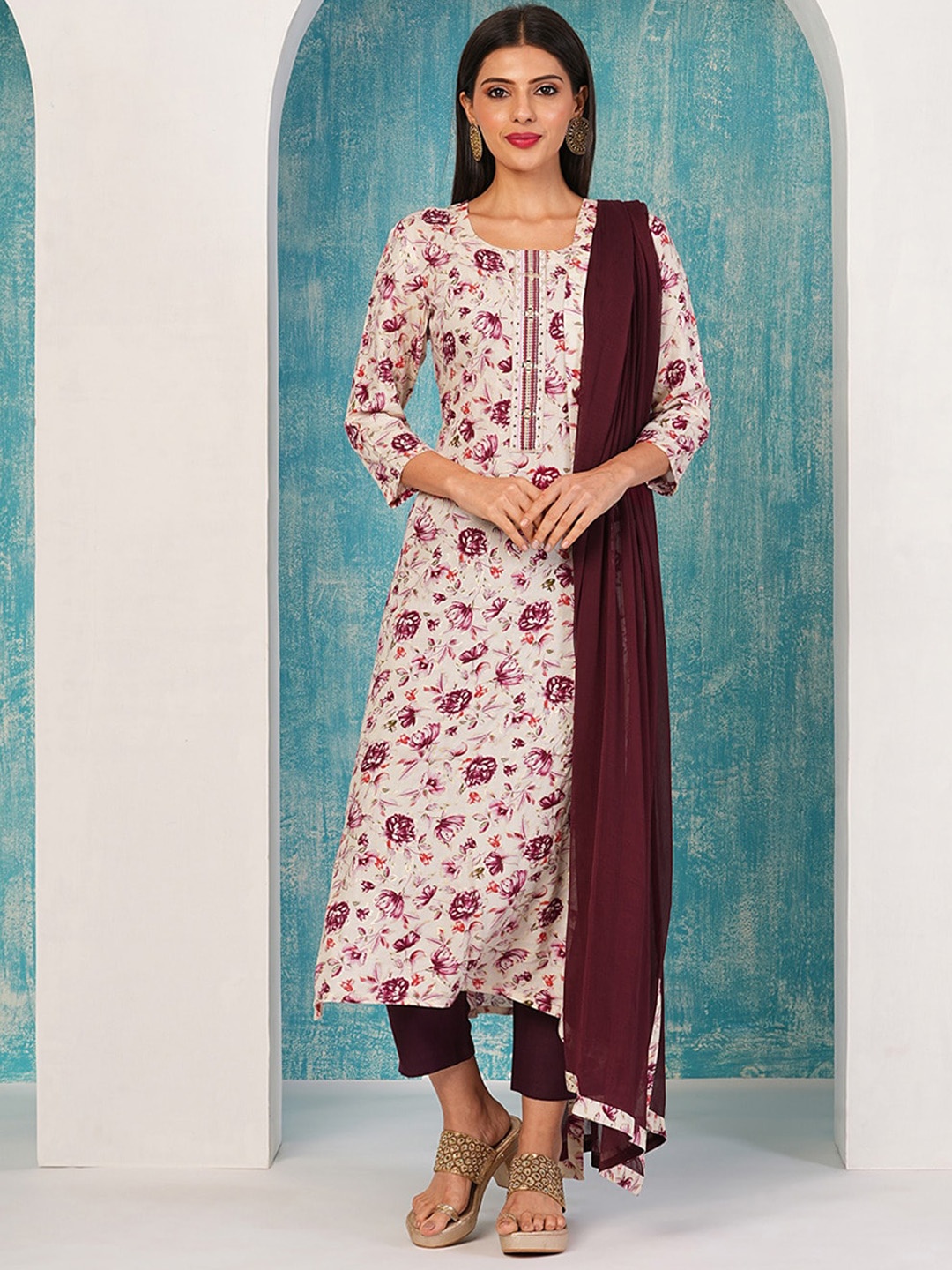 

KALINI Women Ethnic Motifs Printed Regular Thread Work Kurta with Trousers & With Dupatta, Maroon