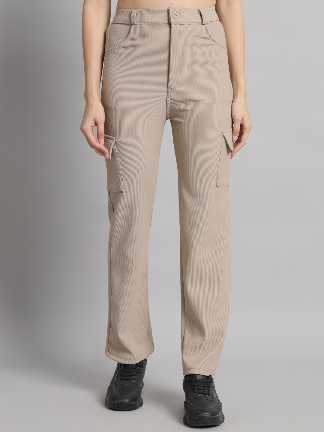 

Mast & Harbour Women Straight Fit High-Rise Corduroy Cargos Trouser, Beige